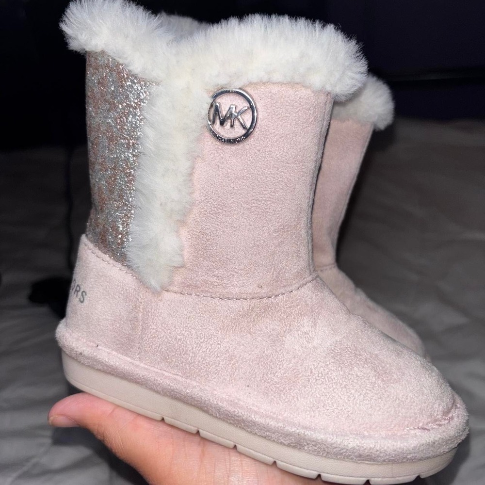 Michael Kors Johanna Tinsel Boots pink suede MK monogram